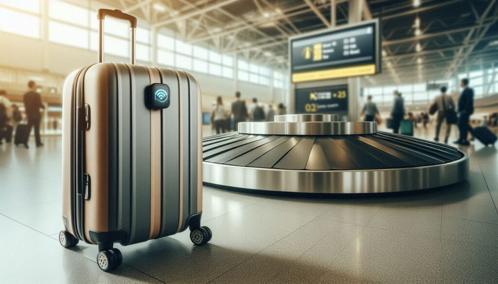 GPS luggage tracker device with smartphone app showing real-time location of luggage